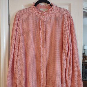 LOFT Long-sleeved button-up blouse, pink/coral check, Size XL